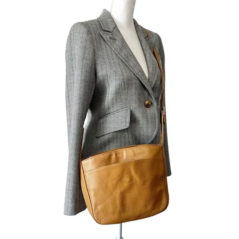 Longchamp Le Foulonne Pebbled Leather Crossbody Bag Tan Silver Vintage Y2K